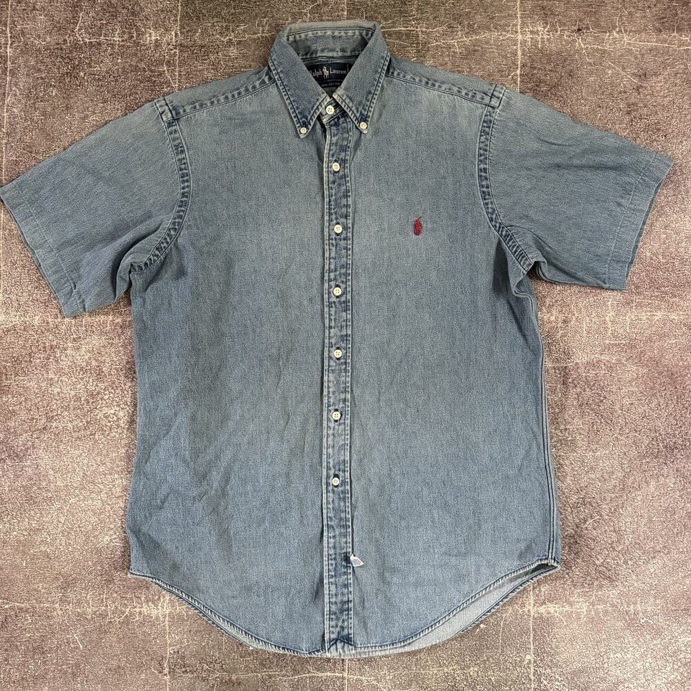 Men's Vintage 90's Ralph Lauren Blue Denim Chambray Short Sleeve Polo Shirt Sz M